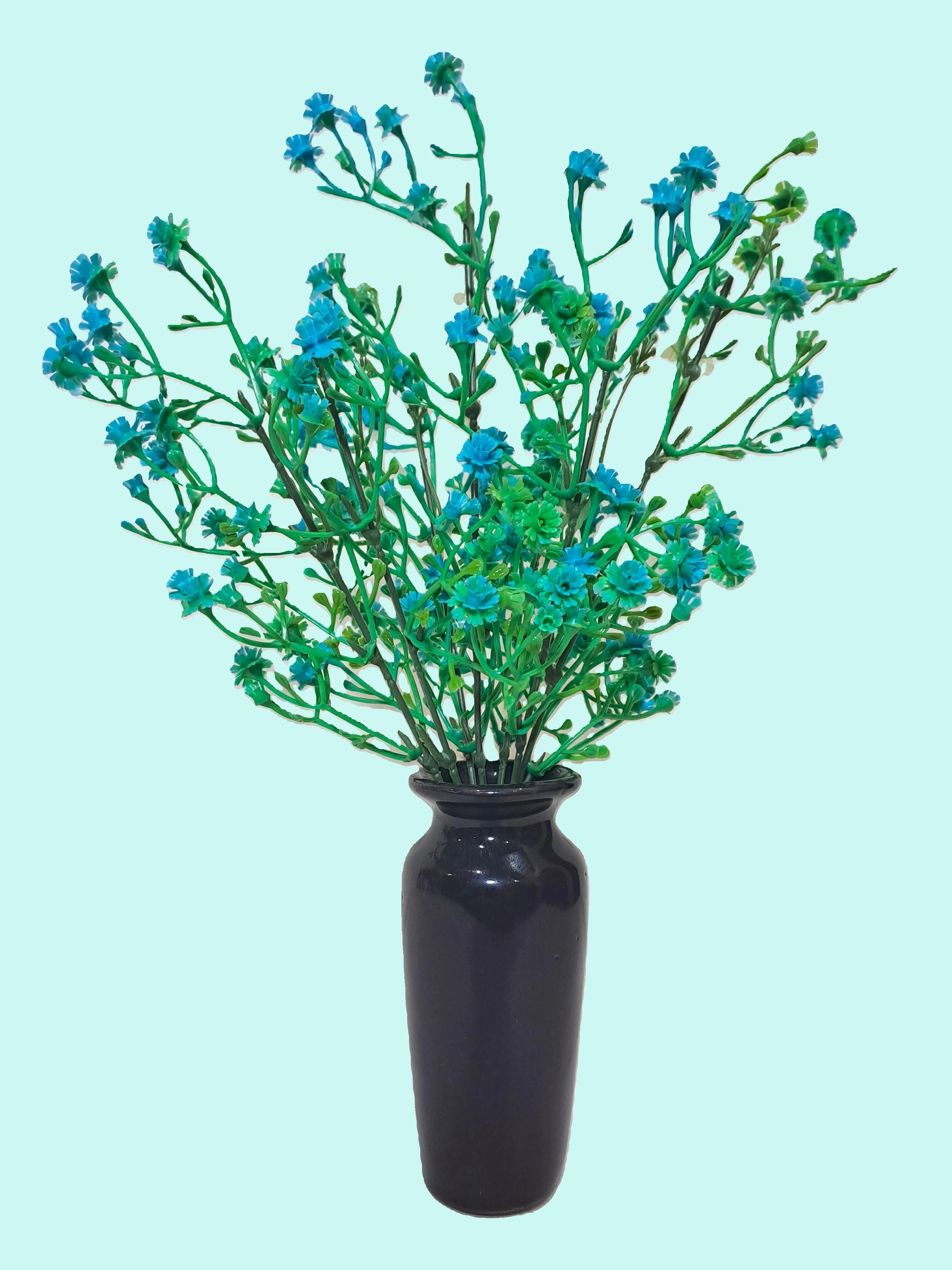 Elegant Ceramic Vase (Black) with Bunch of Plastic Gypsophila Blue Flowers