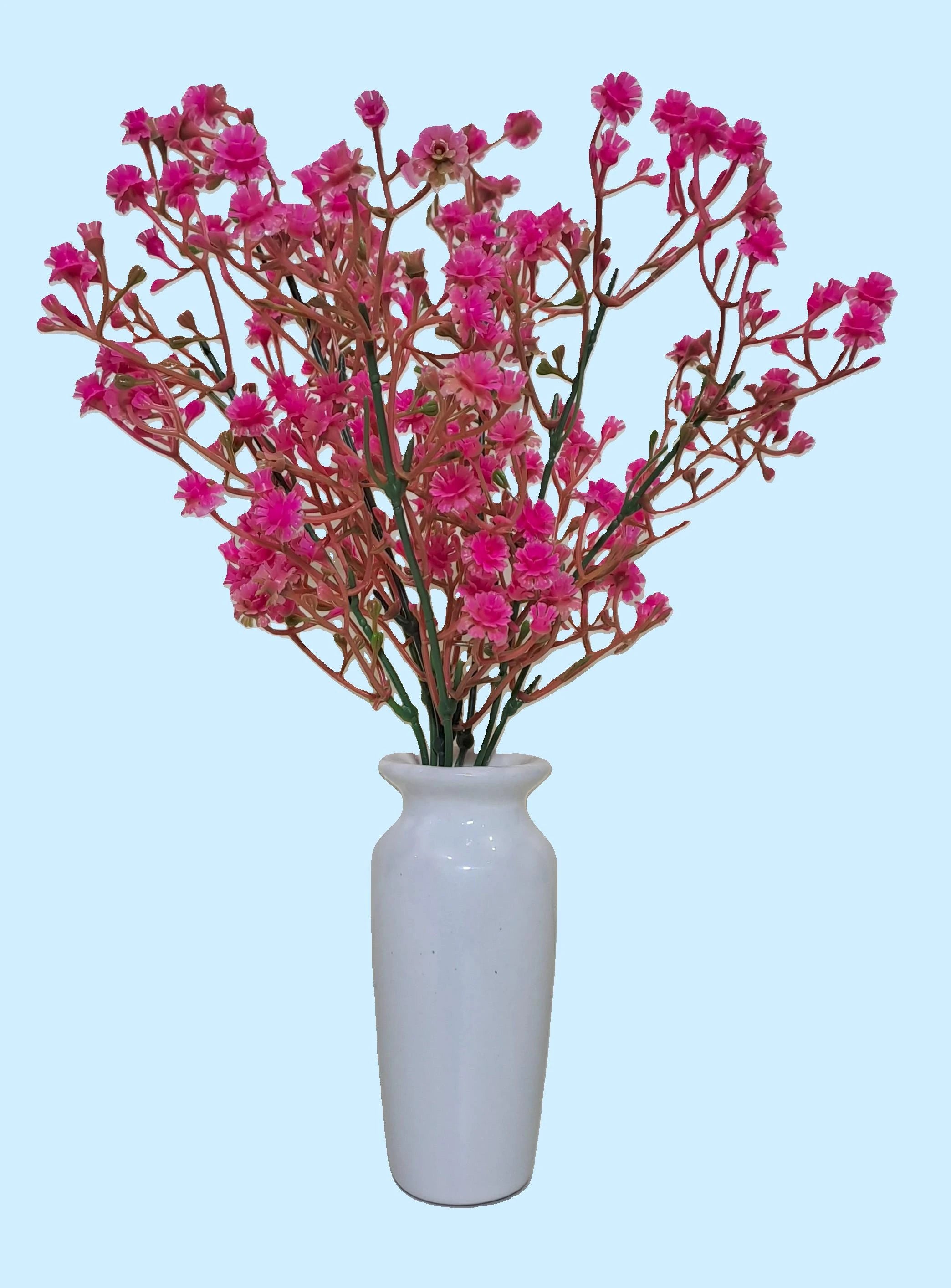 Elegant Ceramic Vase (White) with Bunch of Plastic Gypsophila Pink Flowers