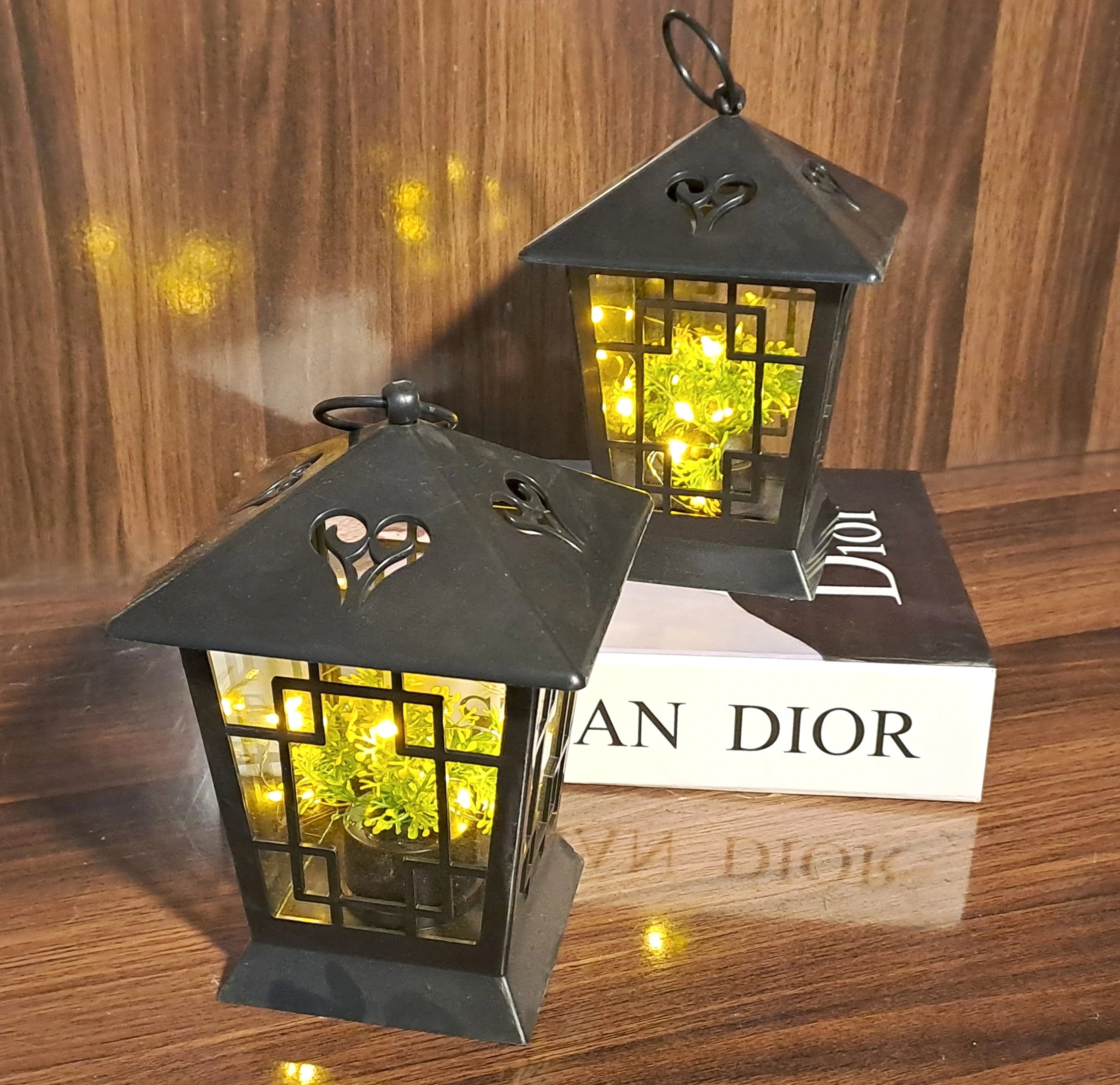 Black Hanging Lantern with LED Fairy Lights inside