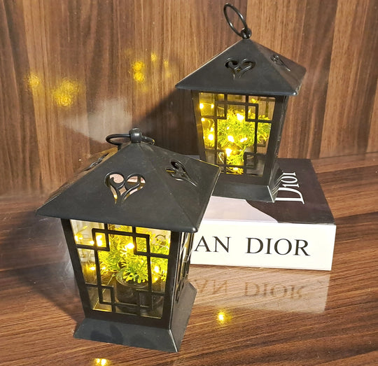 Black Hanging Lantern with LED Fairy Lights inside