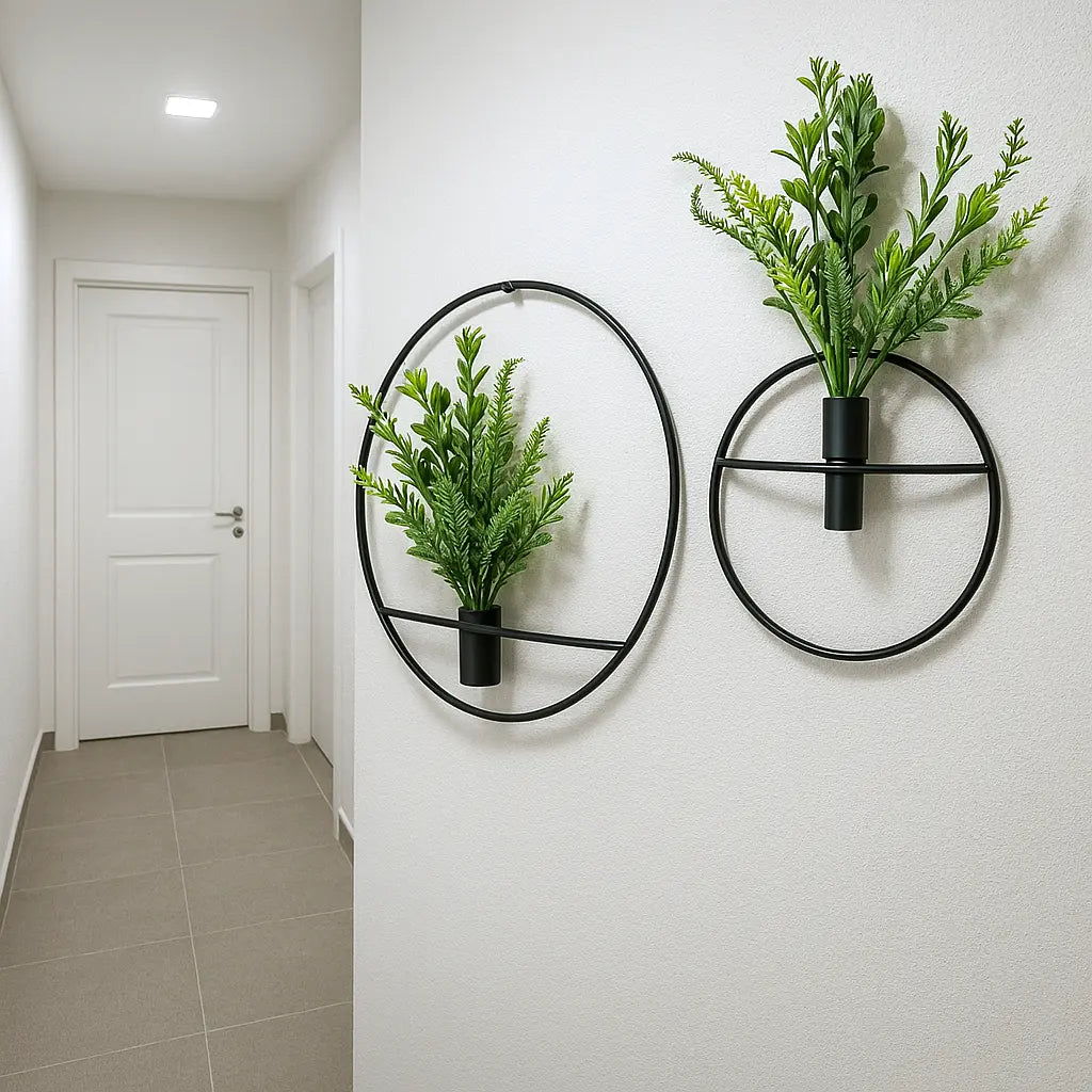 2 Black Metallic Planters with artificial Plants in Round Frames