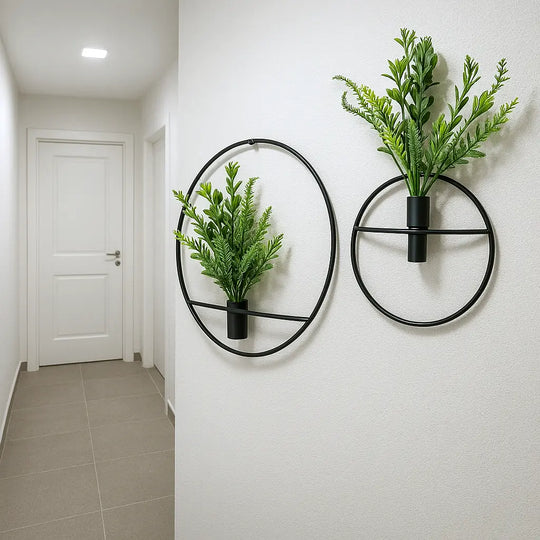 2 Black Metallic Planters with artificial Plants in Round Frames