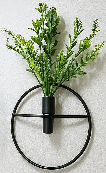 2 Black Metallic Planters with artificial Plants in Round Frames