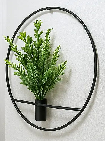 2 Black Metallic Planters with artificial Plants in Round Frames