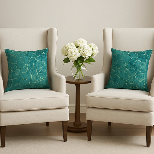 Sea Green & Gold Toned Abstract Printed Velvet Cushion Covers (Unfilled)- 2 Pcs Set