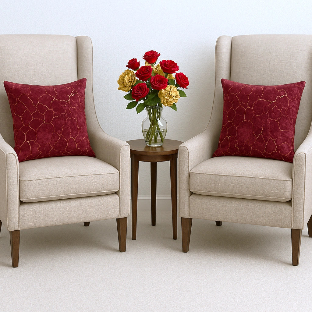 Maroon & Gold Toned Abstract Printed Velvet Cushion Covers (Unfilled)- 2 Pcs Set