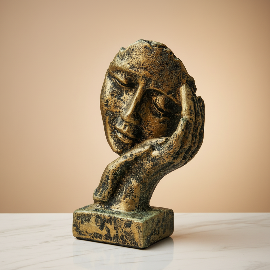 Golden-Black Vintage look Silent Face Sculpture with Hand on Ear & Cheek