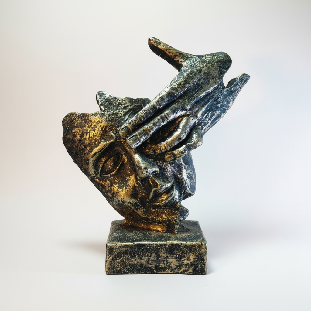 Golden-Black Vintage look Silent Face Sculpture with Hand on Eye & Forehead