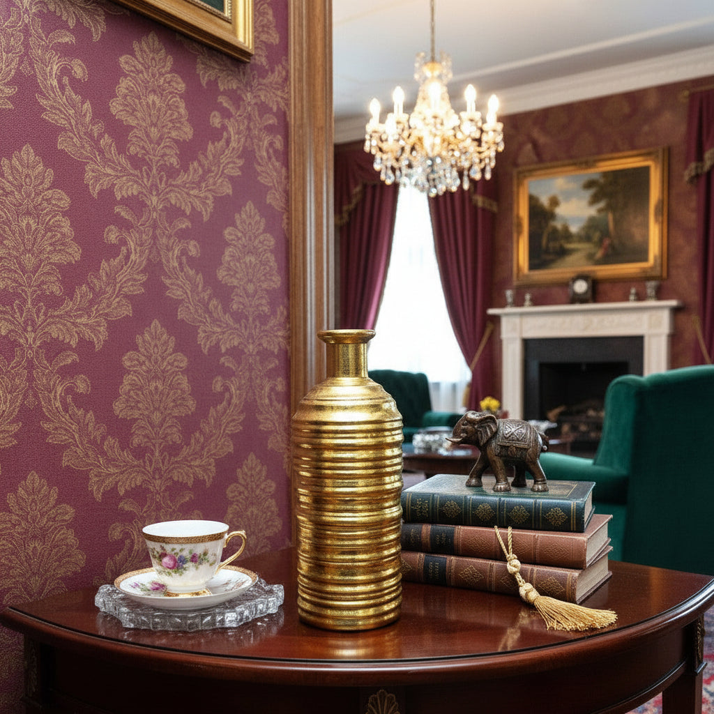 Golden Resin Vase Bottle Shape - Horizontal Lines (without Flowers)