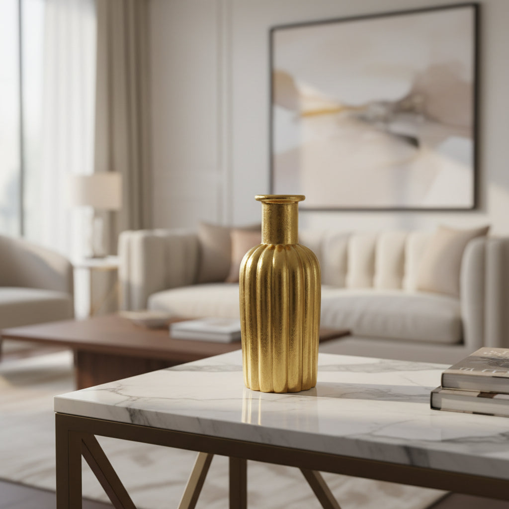 Golden Resin Vase Bottle Shape - Vertical Lines (without Flowers)