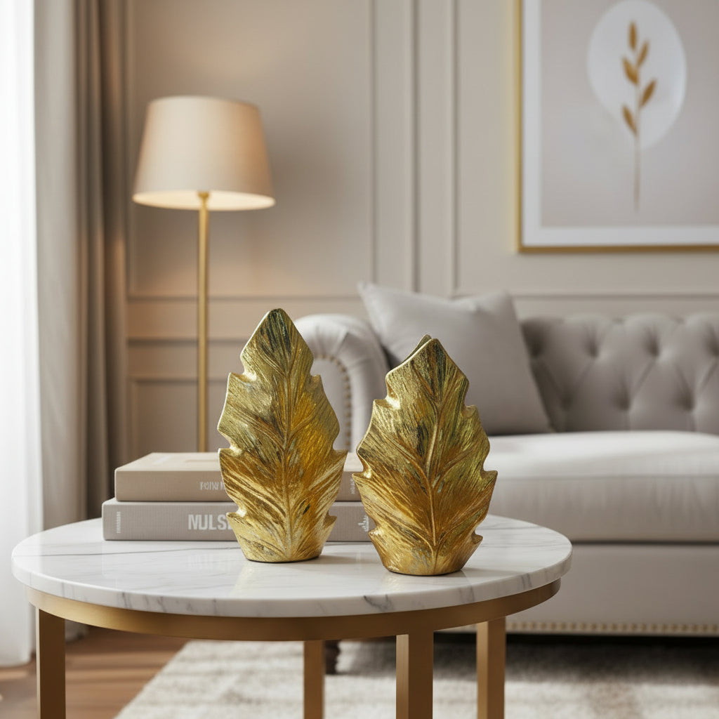Set of 2 Leaf Shape Golden Vases (without Flowers)