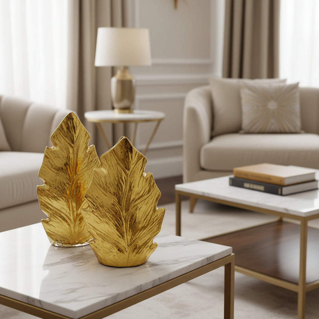 Set of 2 Leaf Shape Golden Vases (without Flowers)