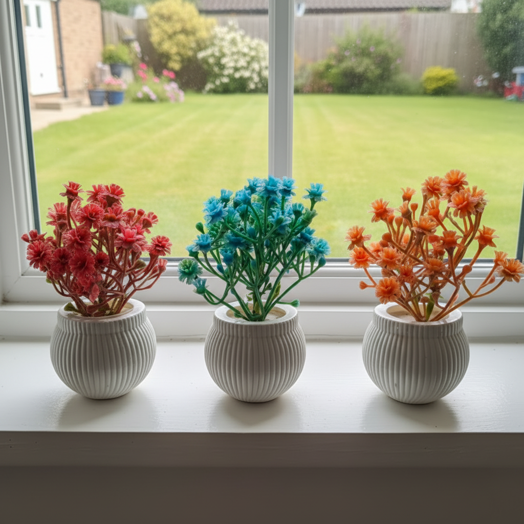 3-Pcs Pack of White Plastic Pots with Artificial Bonsai Plants