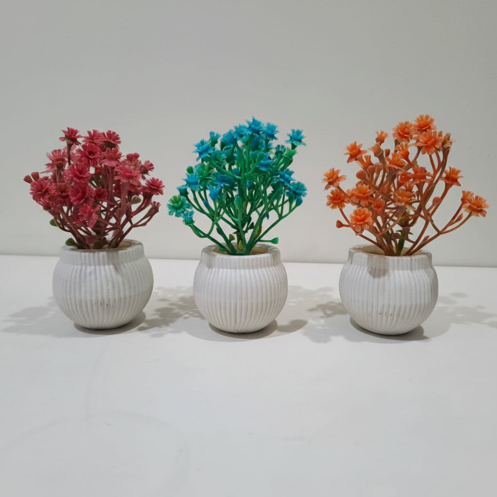 3-Pcs Pack of White Plastic Pots with Artificial Bonsai Plants