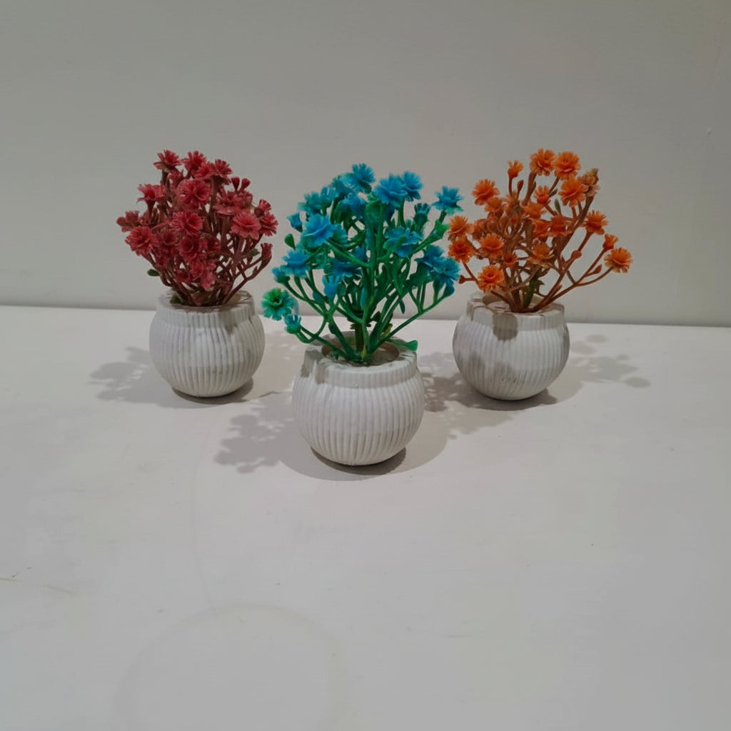 3-Pcs Pack of White Plastic Pots with Artificial Bonsai Plants