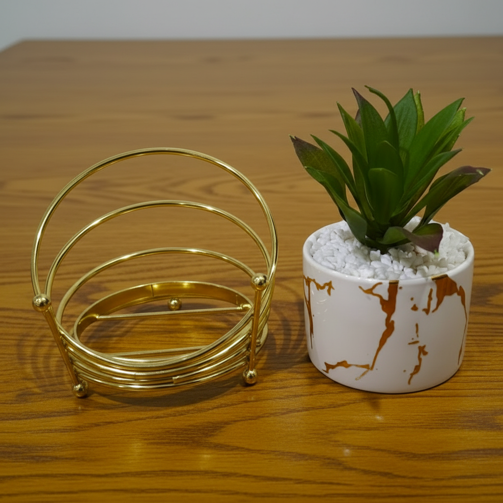 White Ceramic Pot with Cactus Plant on an oval shaped Golden Metallic Stand