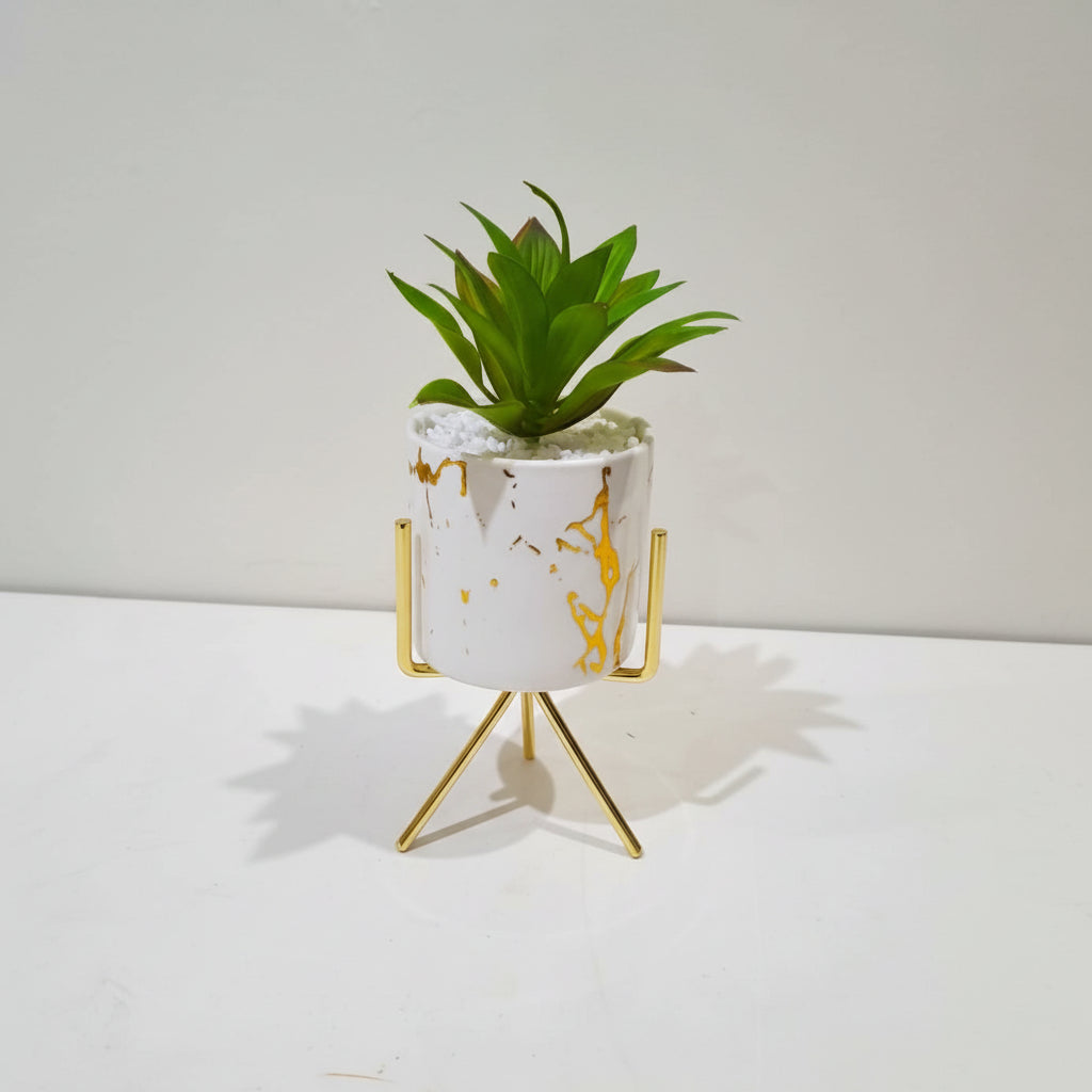 White Ceramic Pot with Cactus Plant on a Golden Metallic Tripod Stand