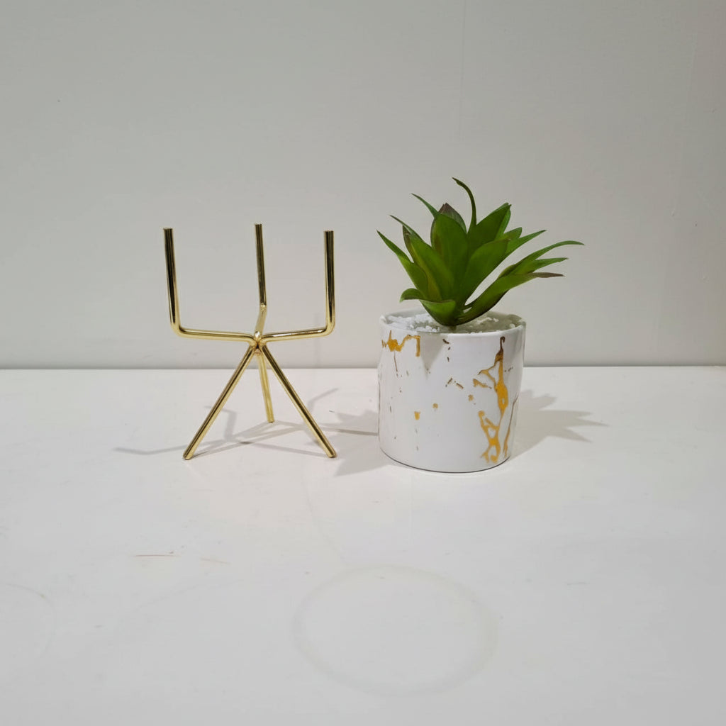 White Ceramic Pot with Cactus Plant on a Golden Metallic Tripod Stand