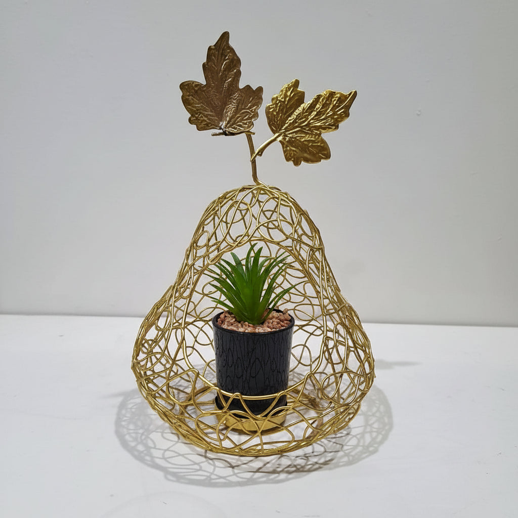 Classic Black Ceramic Pot with Cactus Plant inside Peer Shape Metallic Cage