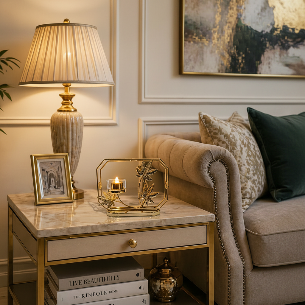 Golden Metallic Rectangular Frame with Leaves and LED Candle in Holder over Oval Platform
