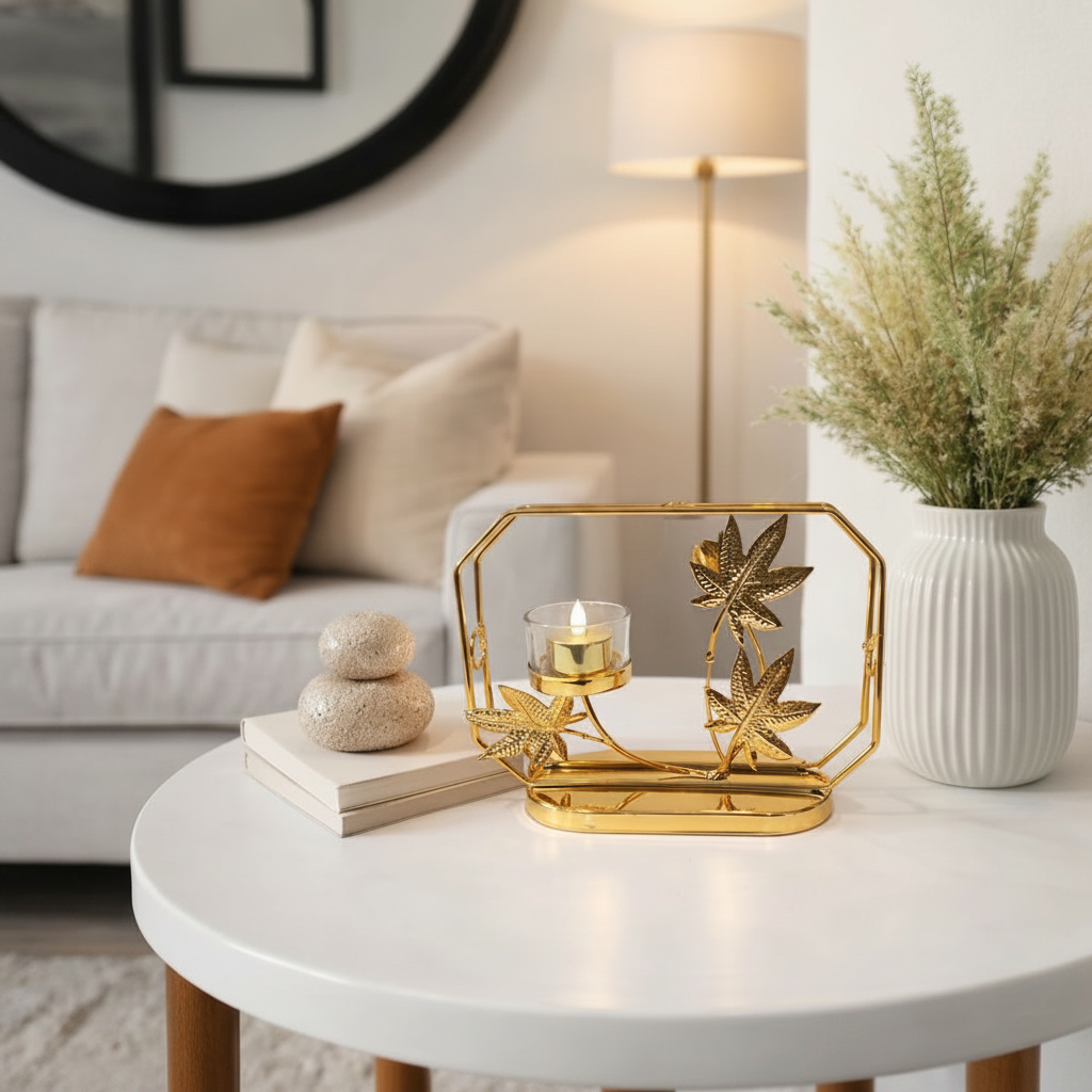 Golden Metallic Rectangular Frame with Leaves and LED Candle in Holder over Oval Platform