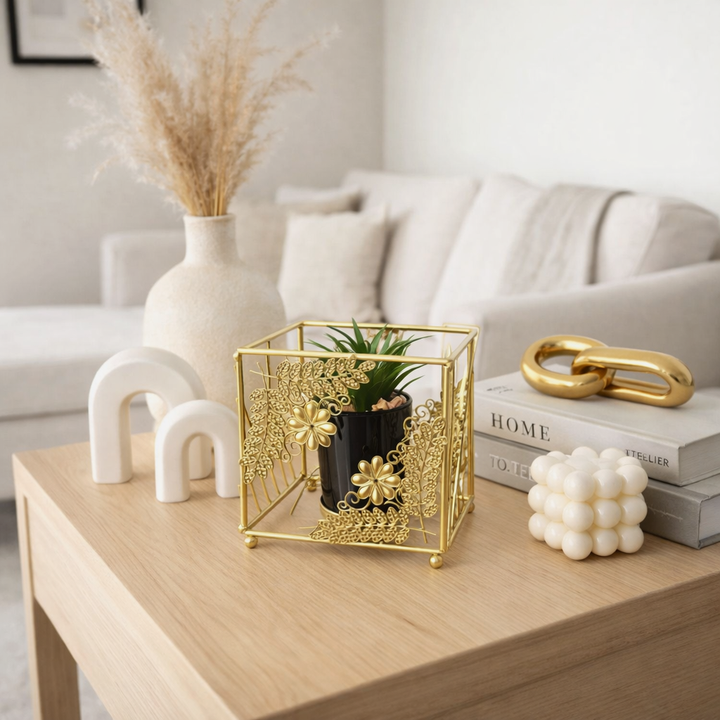 Cactus with Planter inside Golden Metallic Stand