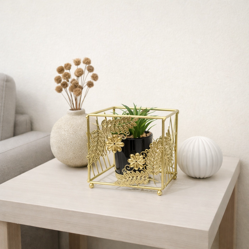 Cactus with Planter inside Golden Metallic Stand