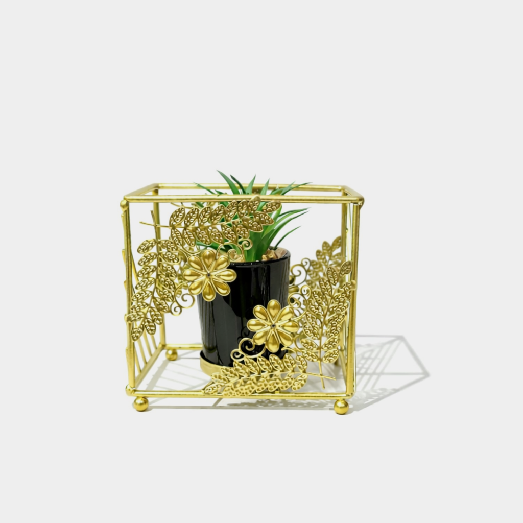 Cactus with Planter inside Golden Metallic Stand