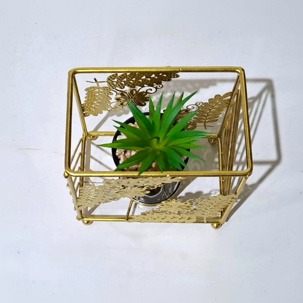 Cactus with Planter inside Golden Metallic Stand