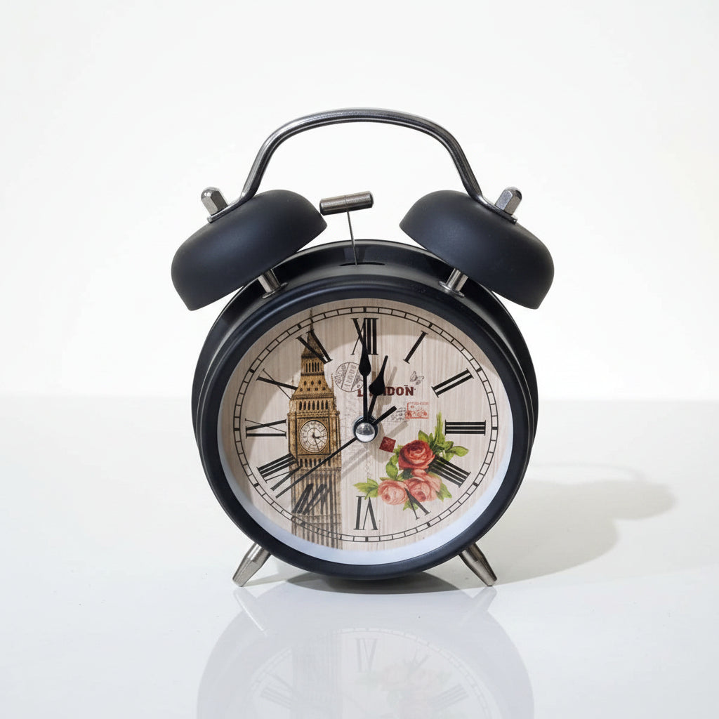 Black Metallic Vintage Mechanical Alarm Clock with Loud Alarm
