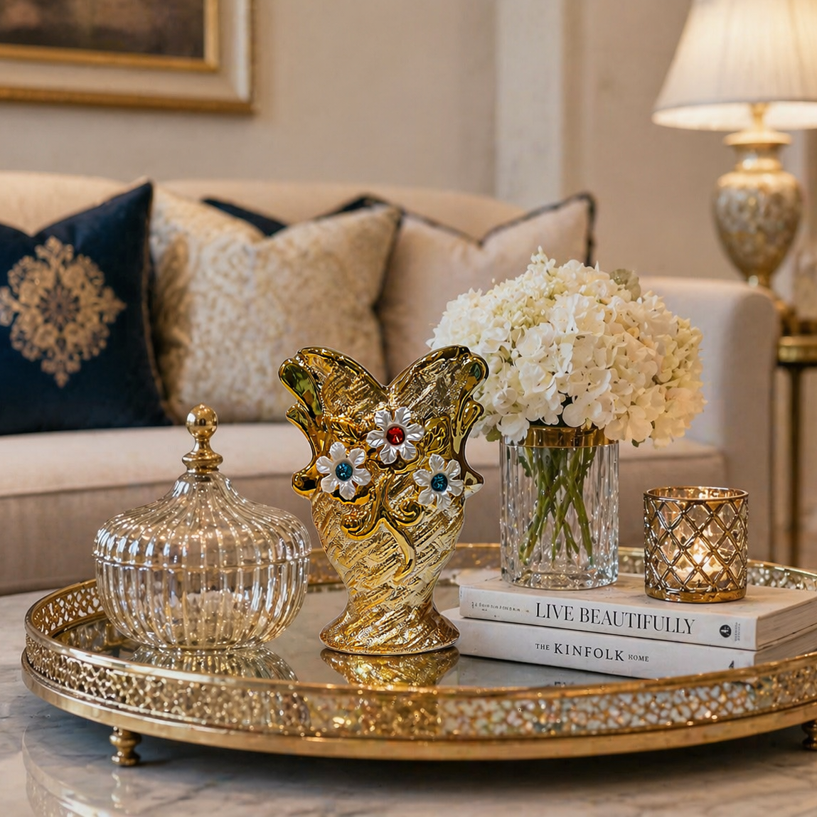 Golden Ceramic Vases decorated with Gemstones