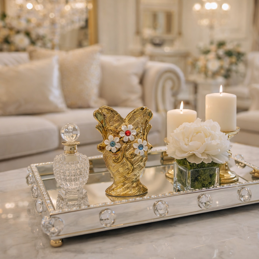 Golden Ceramic Vases decorated with Gemstones