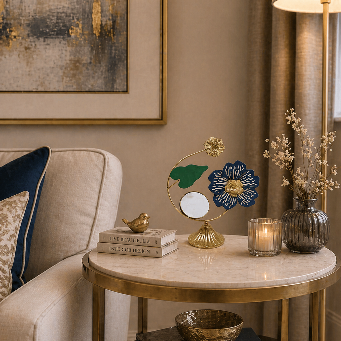 Golden Metallic Semi Circle Frame on Stand with Leave, Flowers & Mirror over it
