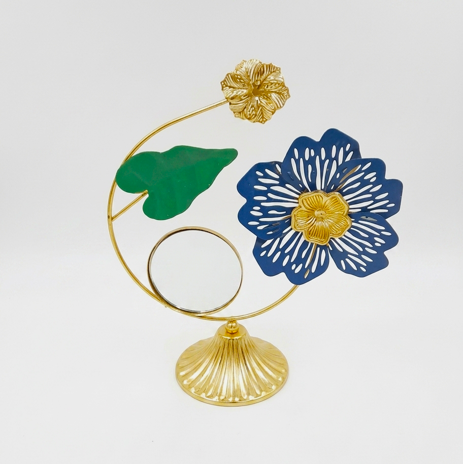 Golden Metallic Semi Circle Frame on Stand with Leave, Flowers & Mirror over it