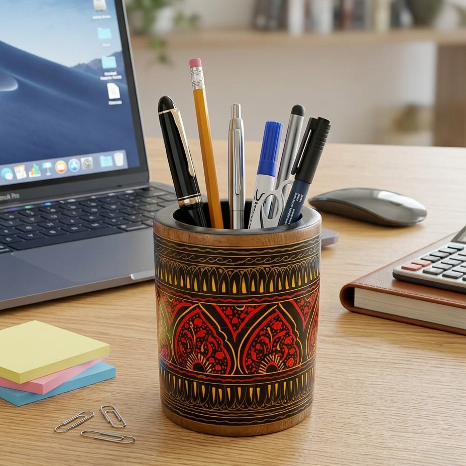 Red-Black Wooden Artistic Naqshi Pen Holder