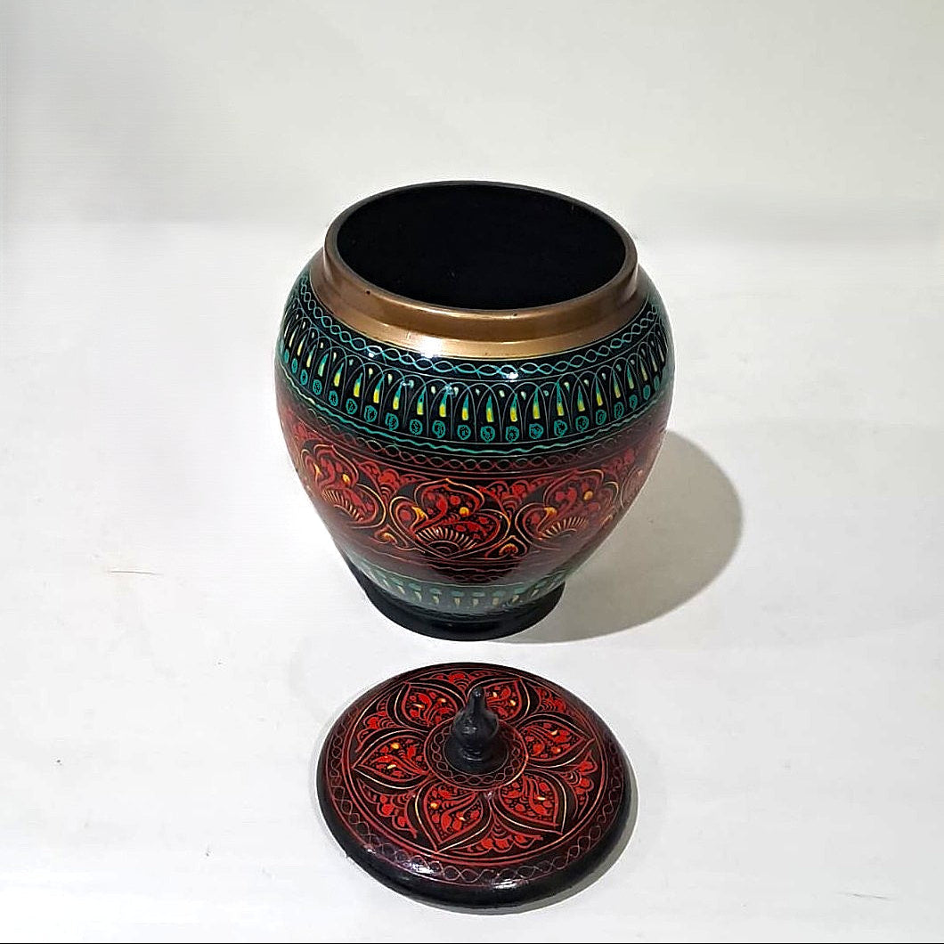Turquoise-Red-Black Wooden Artistic Naqshi Candy Jar