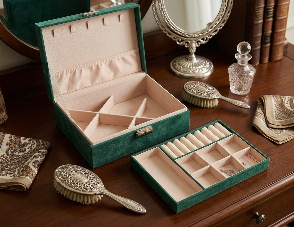 Green Faux Leather 2 Layer Jewelry Box with Lock & Key