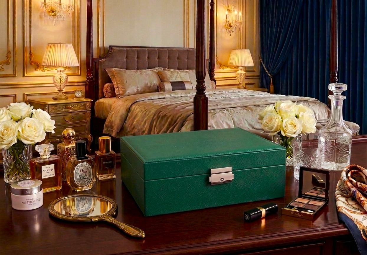 Green Faux Leather 2 Layer Jewelry Box with Lock & Key