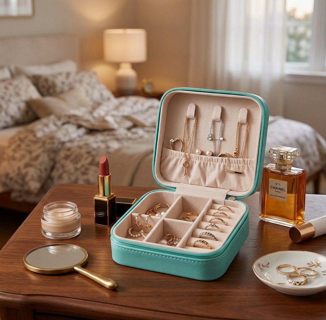 Turquoise Colour Faux Leather potable mini Jewelry Box