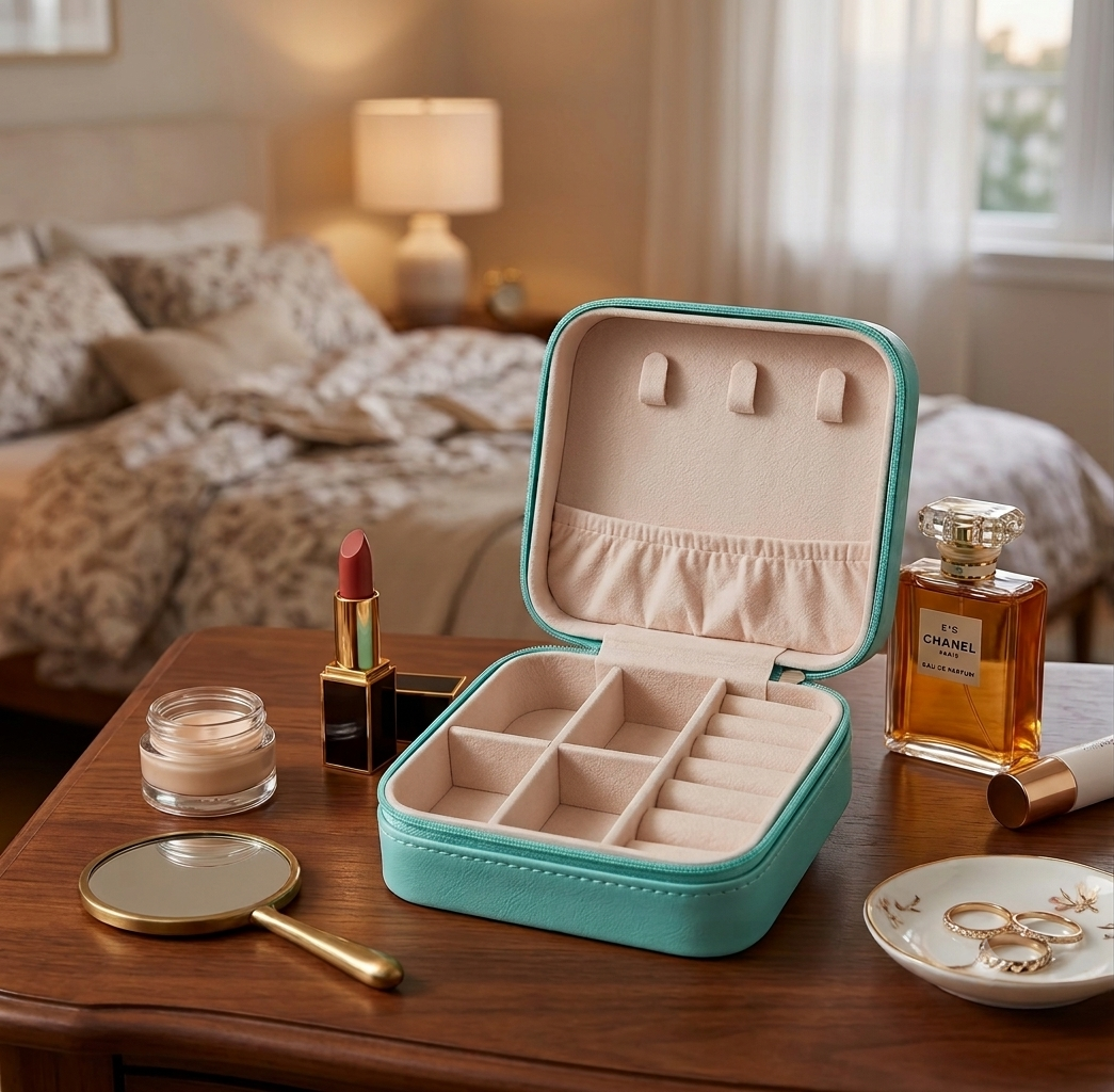 Turquoise Colour Faux Leather potable mini Jewelry Box