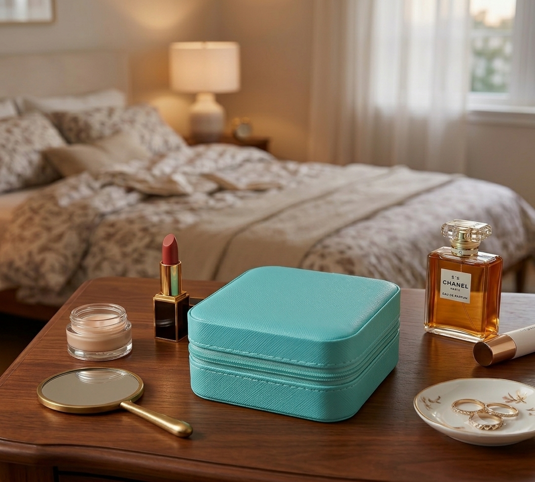 Turquoise Colour Faux Leather potable mini Jewelry Box