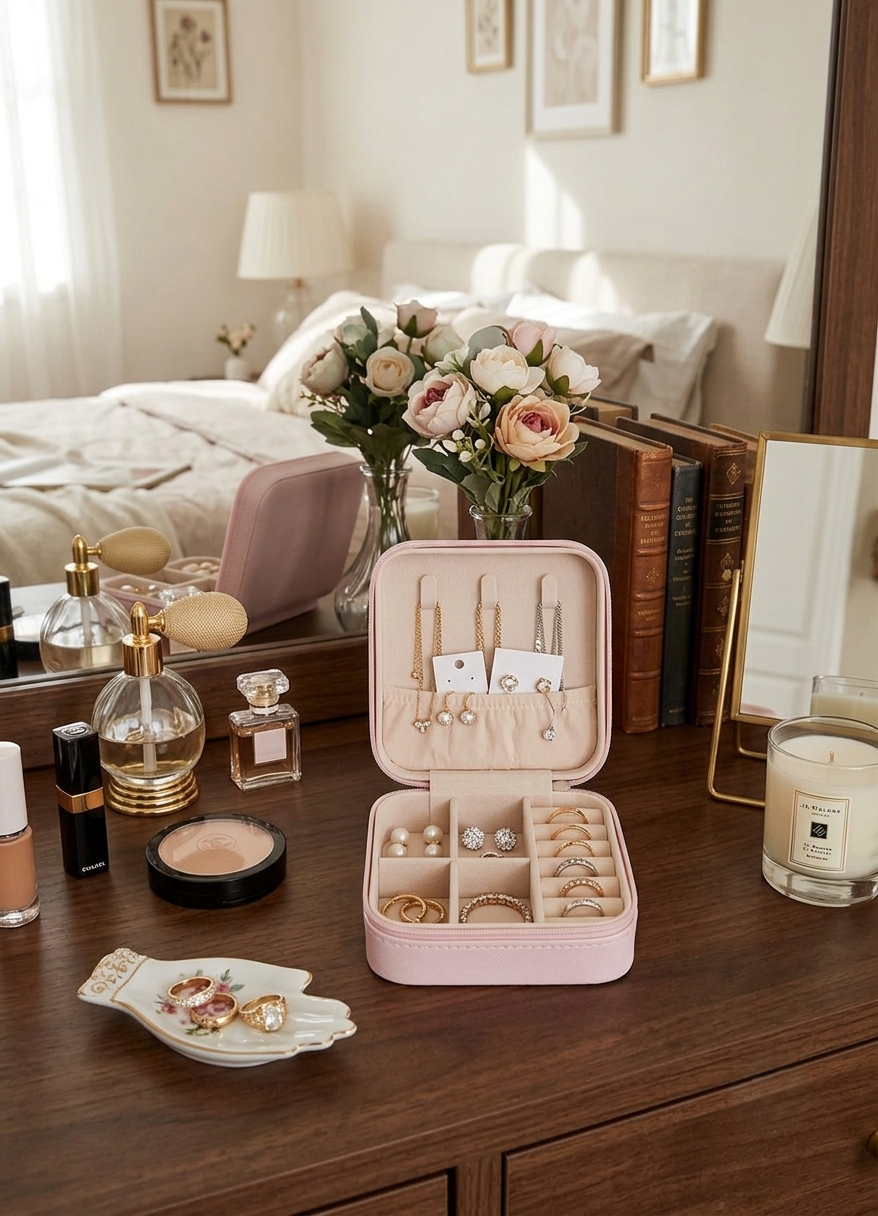 Pink Colour Faux Leather potable mini Jewelry Box