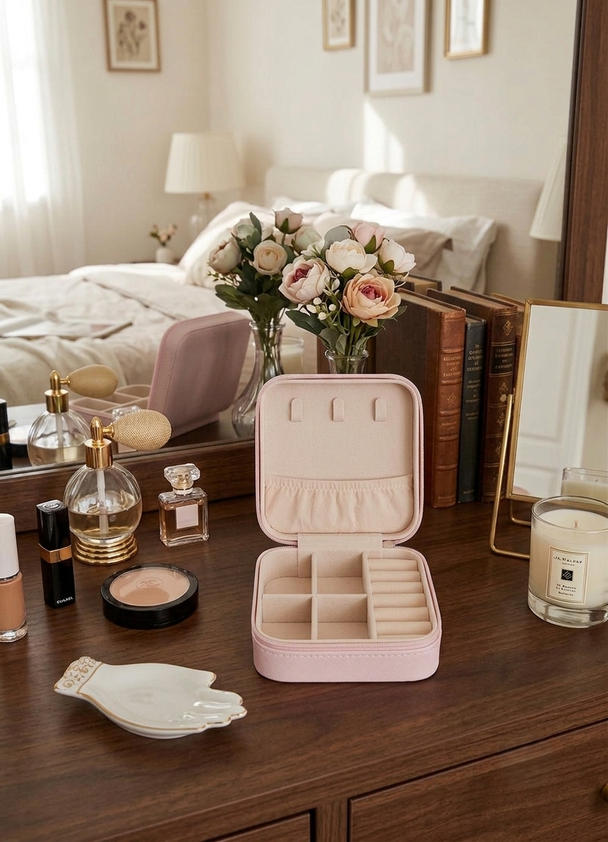 Pink Colour Faux Leather potable mini Jewelry Box