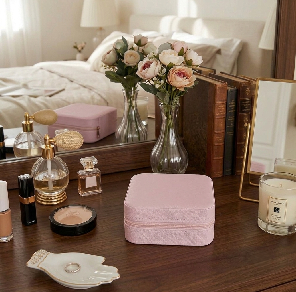 Pink Colour Faux Leather potable mini Jewelry Box