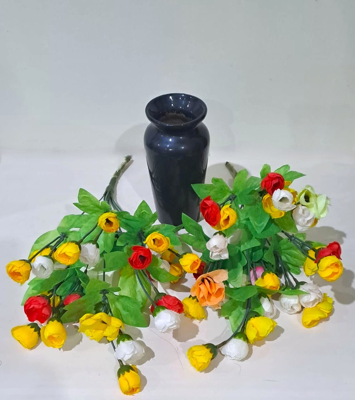 Black Classic Ceramic Vase with 2 Bunches of Multi Colour flowers