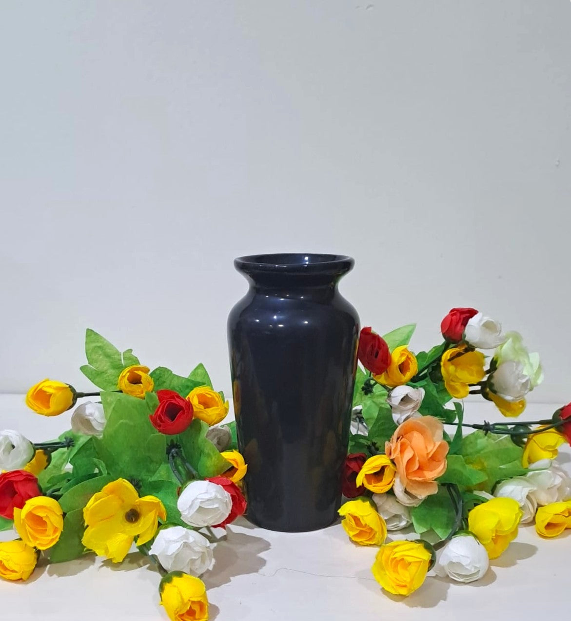 Black Classic Ceramic Vase with 2 Bunches of Multi Colour flowers