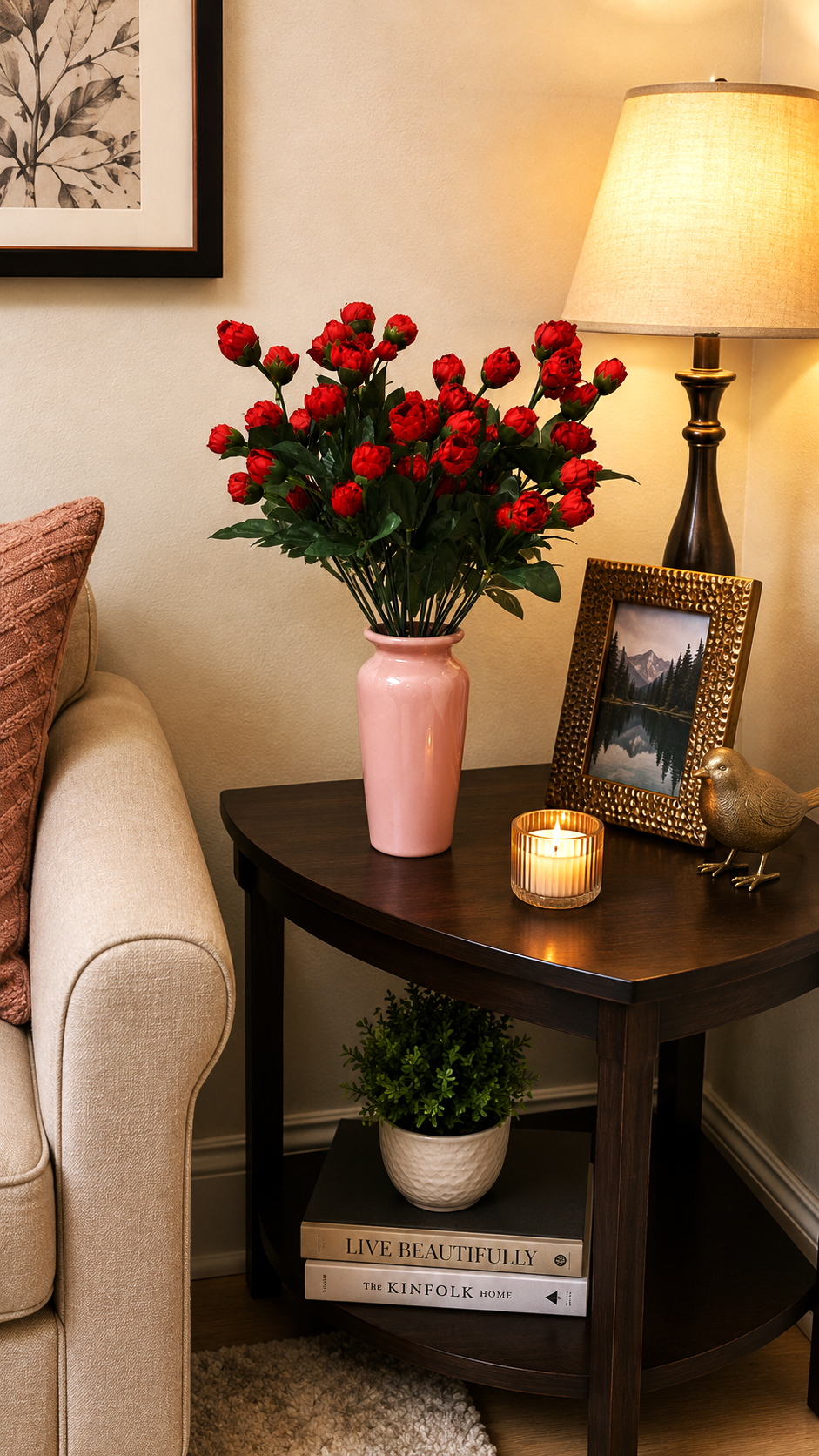 Salmon Pink Classic Ceramic Vase with 2 Bunches of Red flowers