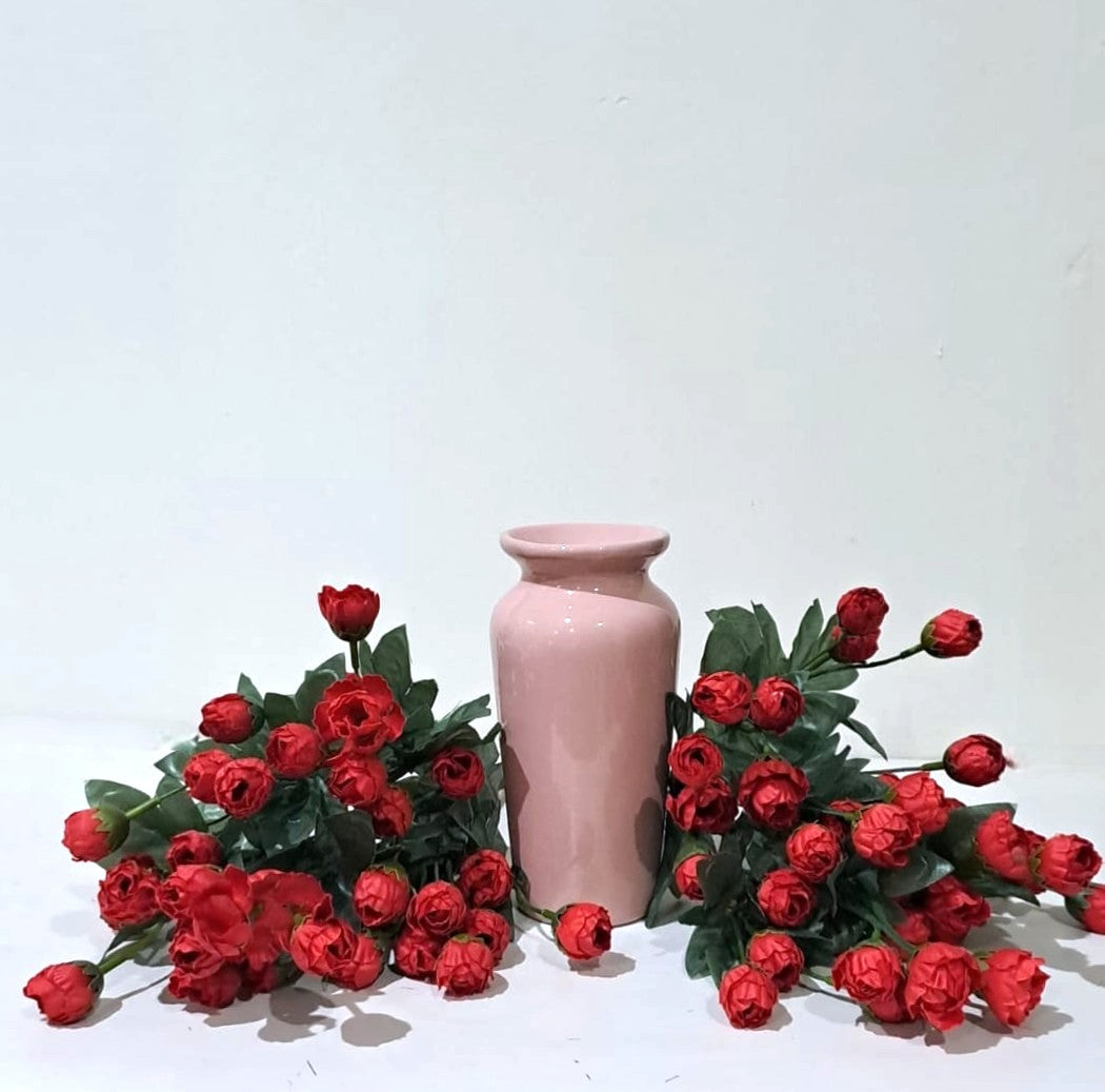 Salmon Pink Classic Ceramic Vase with 2 Bunches of Red flowers