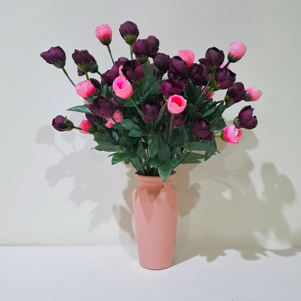 Salmon Pink Classic Ceramic Vase with 2 Bunches of Purple Flowers