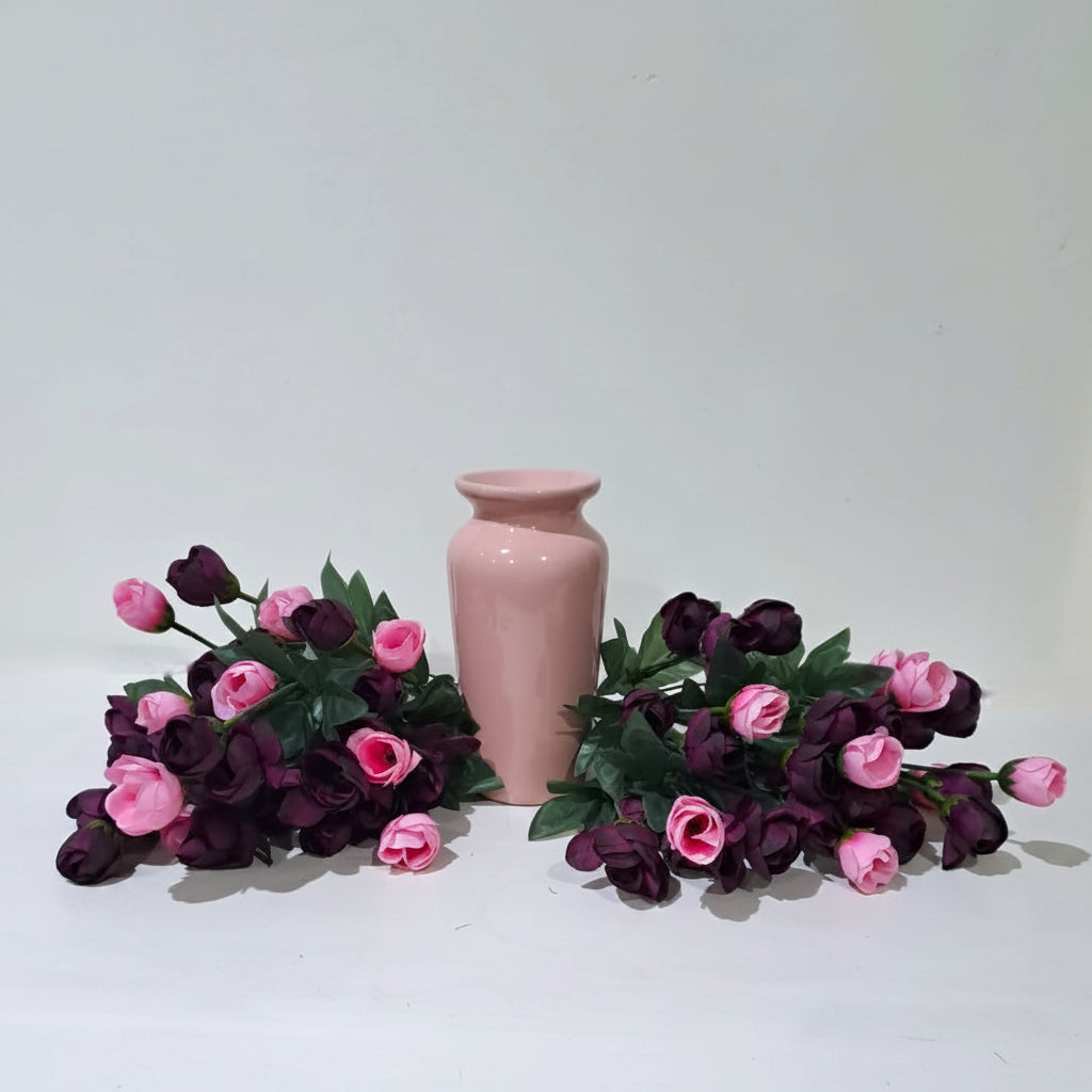 Salmon Pink Classic Ceramic Vase with 2 Bunches of Purple Flowers